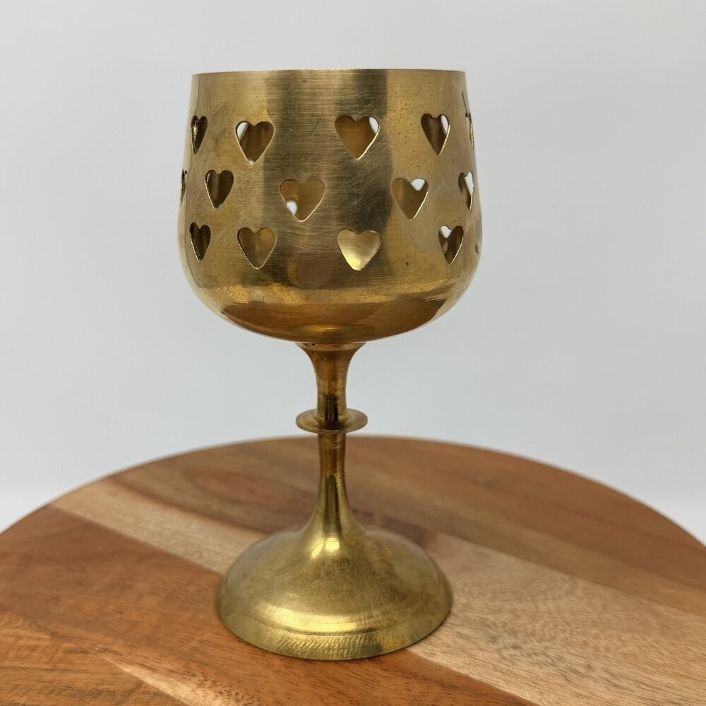 Vintage Brass Goblet Candle Holder Heart Cut Out Votive Tea Light Pedestal Cup